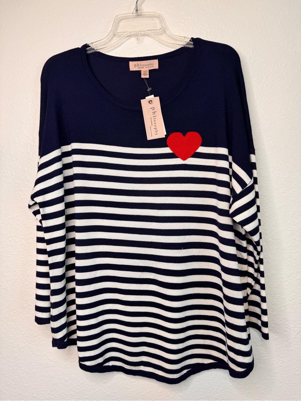 NWT Sz 1X Philosophy Blue White Knit Long Sleeve Top Red Heart